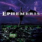 A vignette of the cover of Ephemeris, showing a dragon, wings spread, over a night cityscape with a superimposed tactical visor